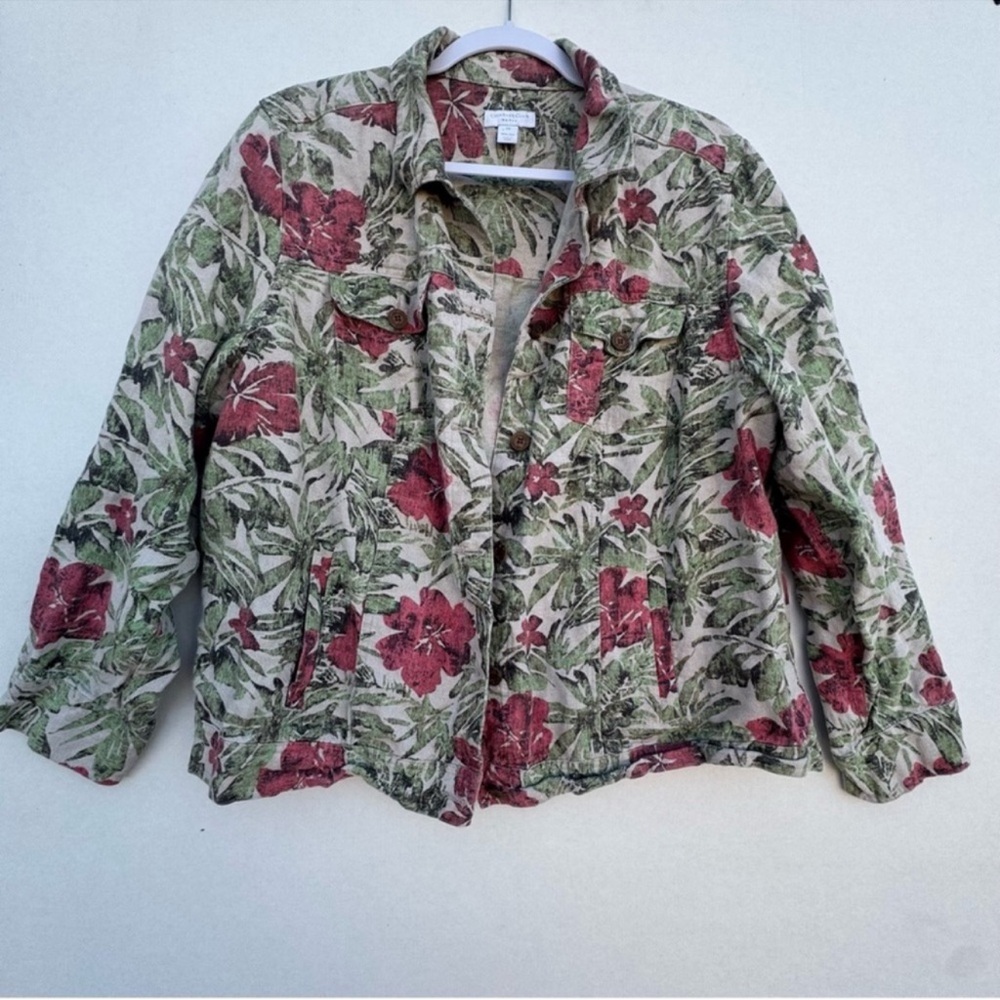 Charter Club Womens Linen floral print button-front jacket  cream /Green Size 2X